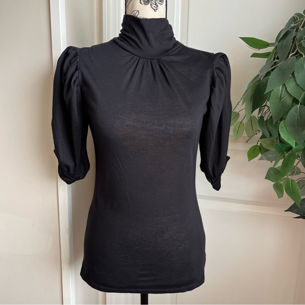 Mandee Pleated Half Sleeves Turtleneck Top Black Sz M